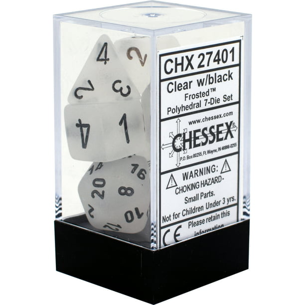 Chessex Frosted Clear Polyhedral Dice With Black Numbers Set of 7 for sale online